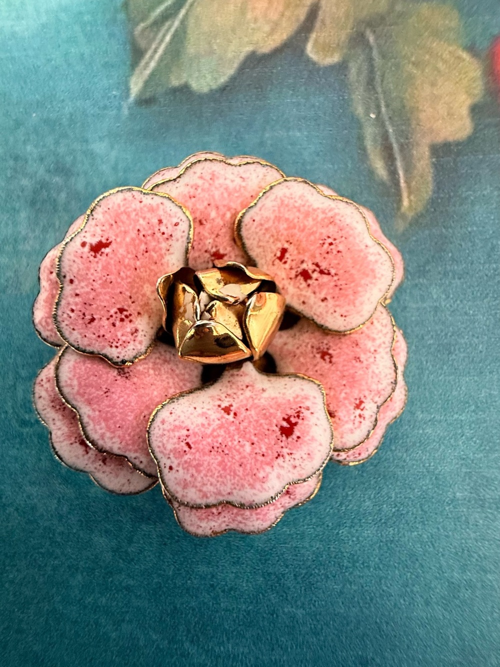 Pink Enamel Flower Brooch with Gold Center